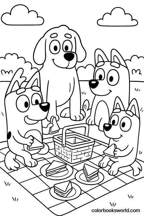 Bluey and friends sit on a checkered blanket, eating sandwiches beside a picnic basket.