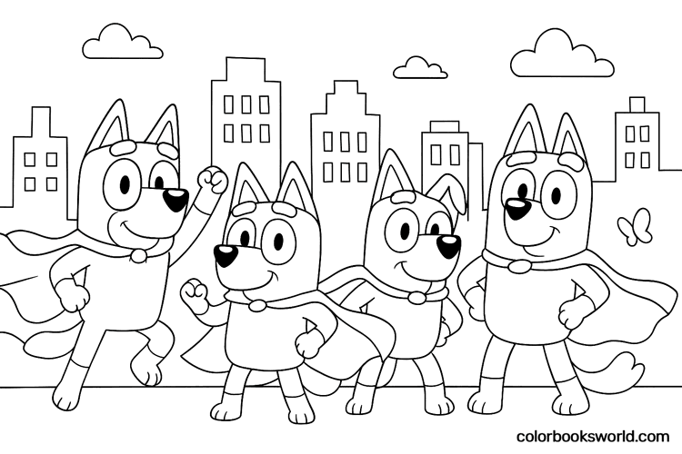 Bluey and friends in capes and masks pose like superheroes in front of a simple city skyline.