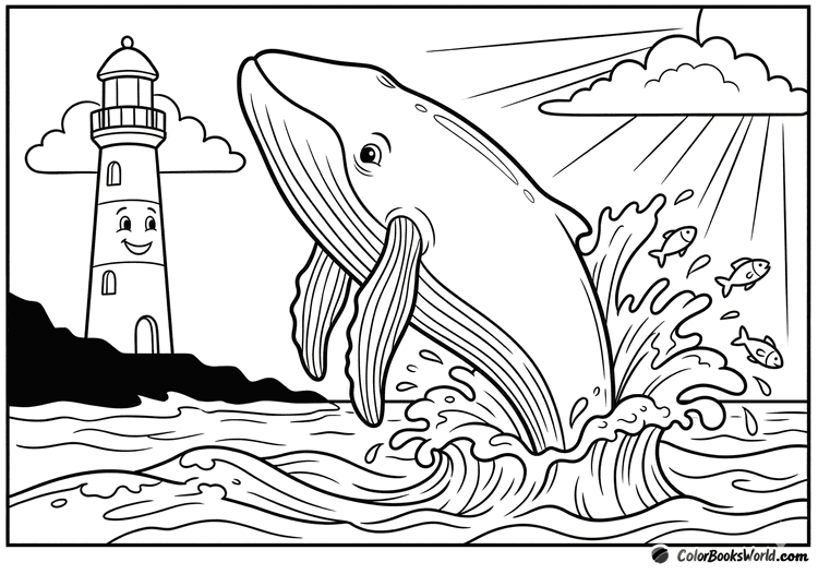 A blue whale breaching near a friendly lighthouse on a rocky shore, with splashes, jumping fish, and sun rays.