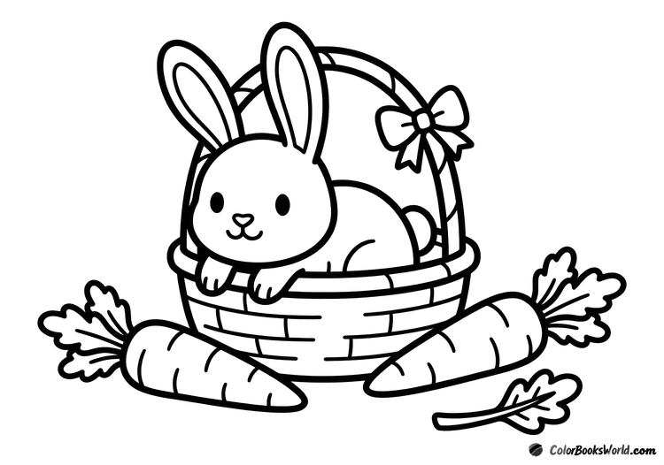 A cute bunny sits in a small basket beside two large carrots, with a bow on the handle.