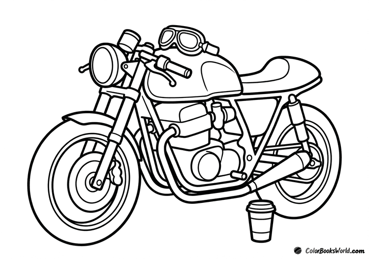 Cafe racer motorcycle with racing goggles on the tank and a coffee cup beside the wheel.