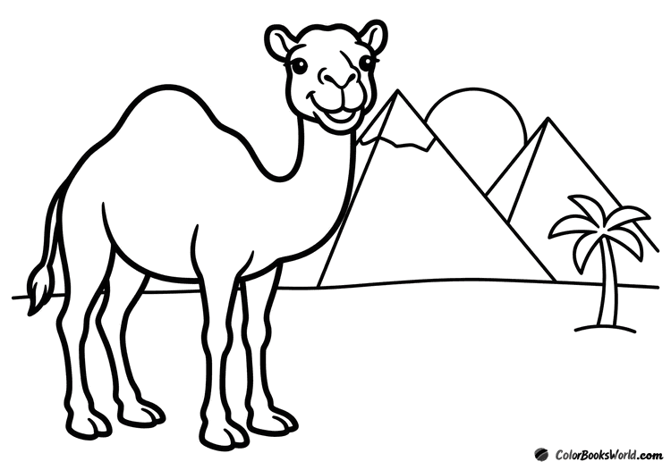 A friendly dromedary camel stands in the desert before two pyramids and a palm tree.