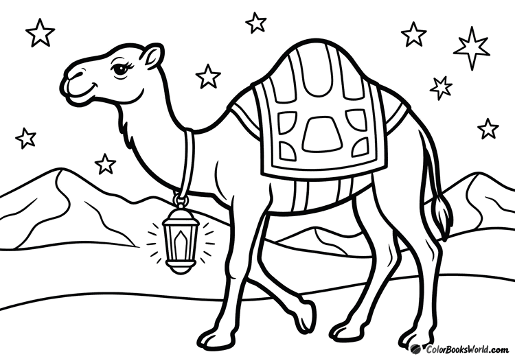 A camel in profile with a blanket and hanging lantern beneath a starry night sky.