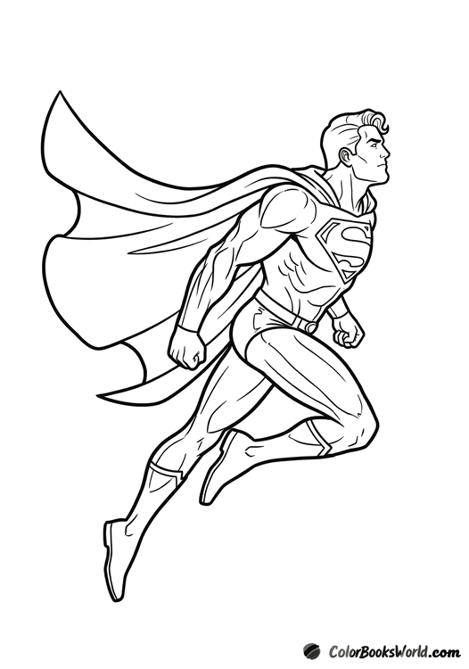A muscular caped superhero flies forward in profile, cape streaming behind and an S-shaped emblem on his chest.
