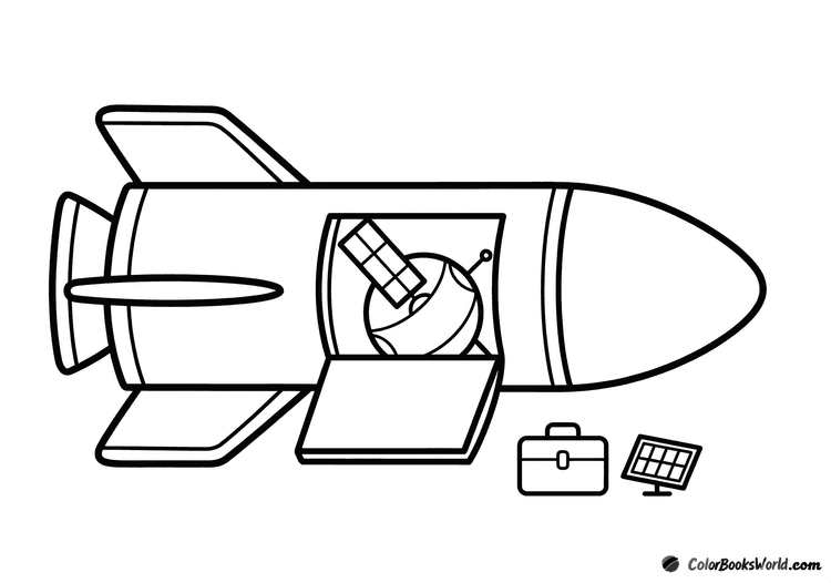 Cartoon cargo rocket with an open hatch showing a satellite, with a small toolbox floating nearby.