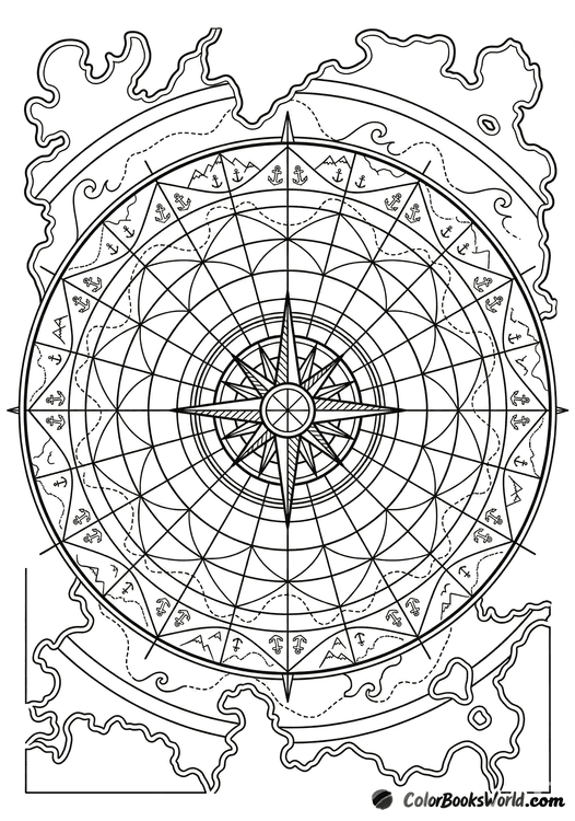 A detailed mandala coloring page made of a central compass rose, latitude rings, anchors, and mountain symbols.