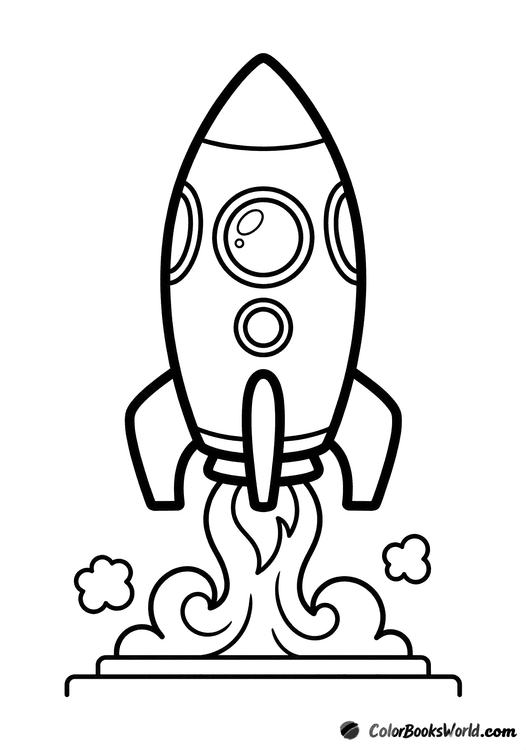 A friendly cartoon rocket lifts off from a launch pad with big flames and puffy smoke clouds.