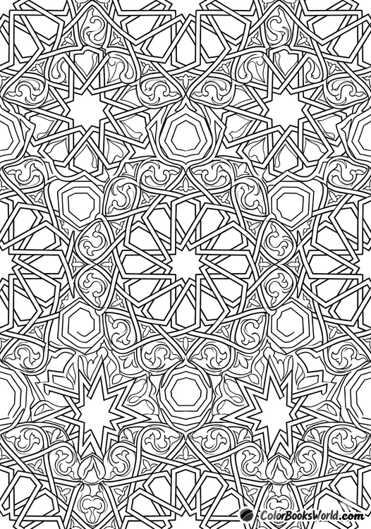 An intricate celestial-inspired geometric pattern with interlocking star-polygons and fine filigree details.