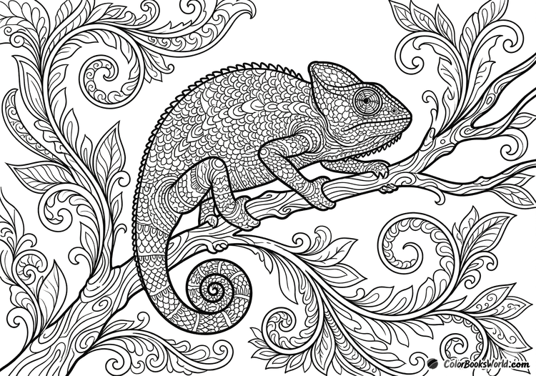 A detailed chameleon curled on a branch, surrounded by spiral botanical motifs and ornamental leaves.