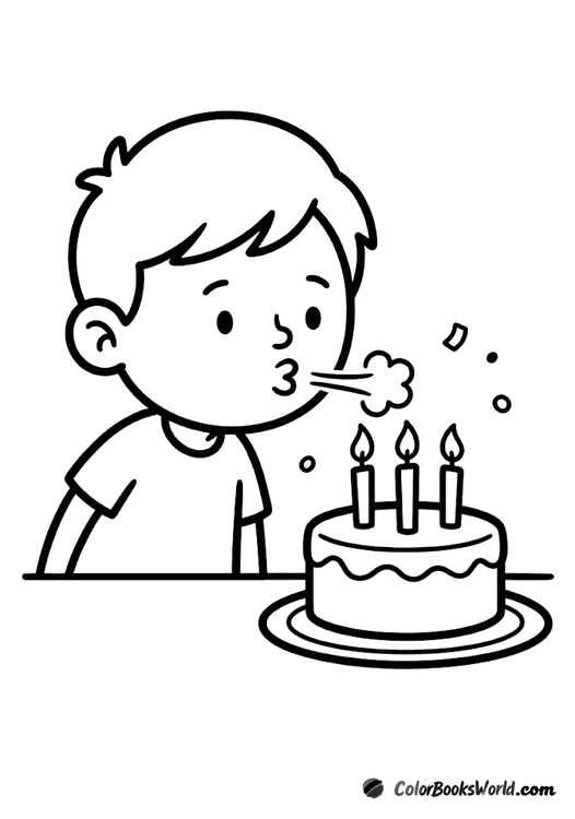 A cartoon child blows out three candles on a birthday cake as confetti falls around.
