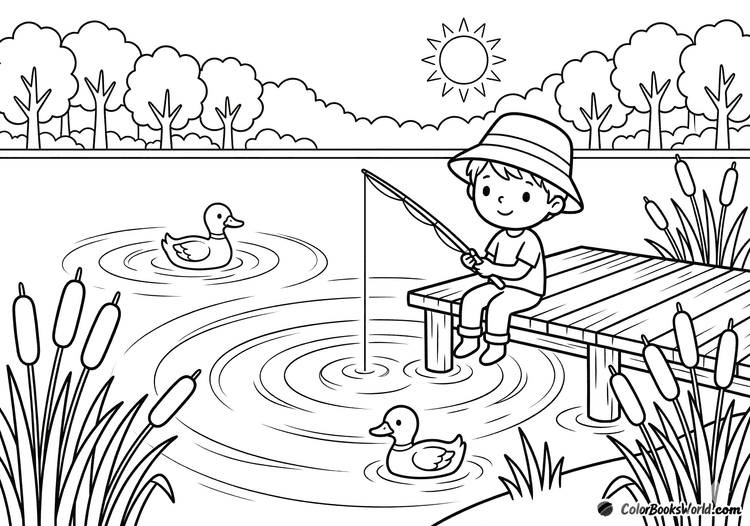 A child sits on a wooden pier fishing in a calm lake with ducks and cattails.