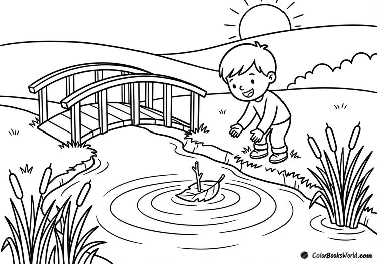 A child at the riverbank releasing a leaf boat near a small arched wooden bridge