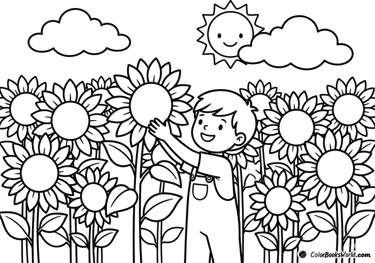 A smiling child stands among tall sunflowers under a bright sun and fluffy clouds.