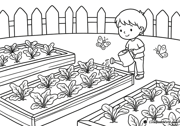 A child waters rows of young plants with a watering can in a backyard vegetable garden.