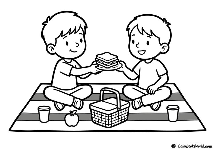 Two children sit on a picnic blanket, sharing a sandwich and an apple from a wicker basket.