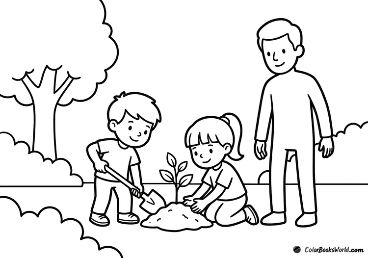 Two children plant a small tree sapling in a park while an adult supervises nearby.