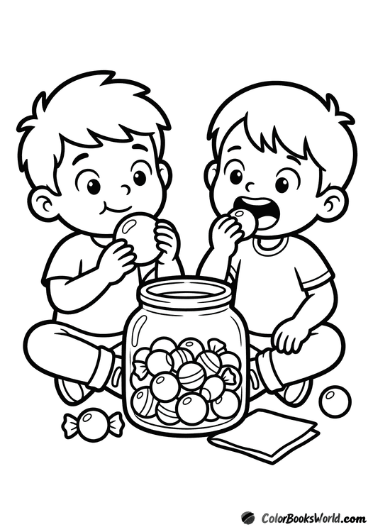 Two children sit side by side, sharing candies from a large glass jar.