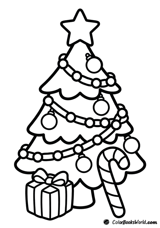 Stylized Christmas tree with a star topper, ornaments, a wrapped gift, and a candy cane.