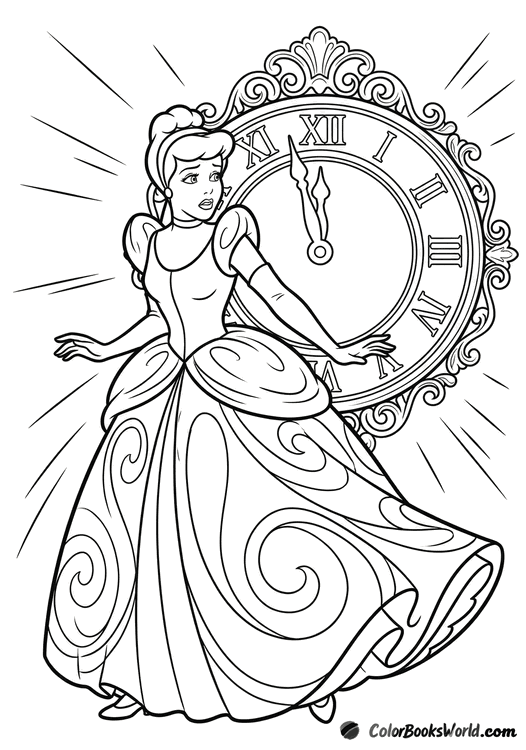 Cinderella looks anxiously at a large ornate clock as it strikes midnight.