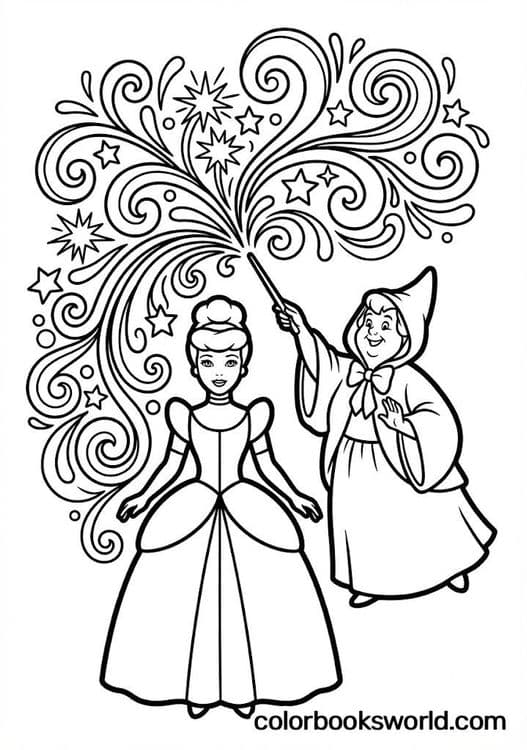 Cinderella stands beside her Fairy Godmother as she waves a magic wand with sparkling stars.