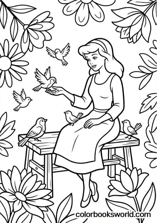 Cinderella sits on a garden bench feeding small birds among blooming flowers.