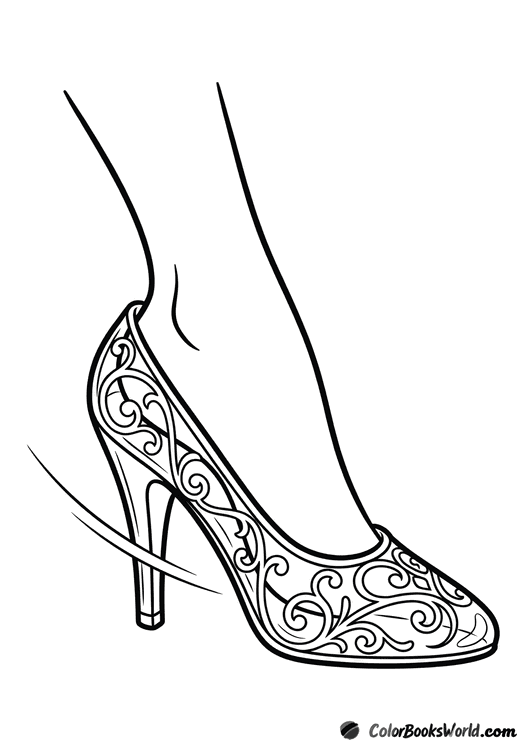 Close-up of Cinderella’s foot sliding into a decorative glass slipper during the fitting.