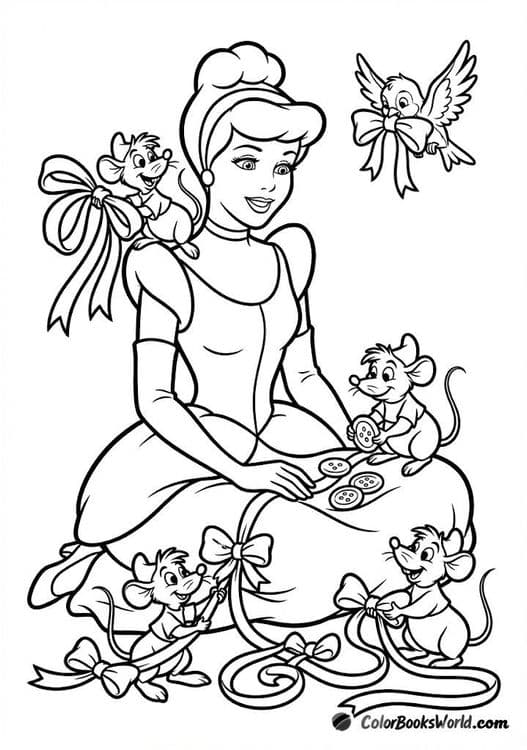 Cinderella with cheerful mice and a bird helping her with ribbons and bows.
