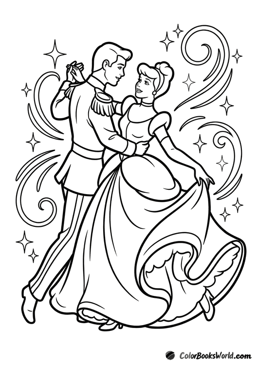 Cinderella and the Prince dance in a ballroom, surrounded by swirling sparkles.