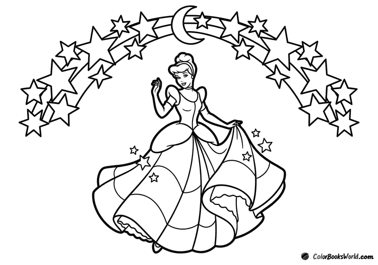 Cinderella twirls in a paneled ball gown beneath an arch of stars and a crescent moon.