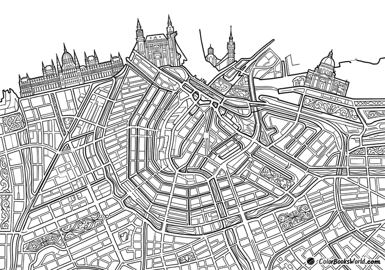 Detailed line art of a city skyline silhouette with an intricate street grid map and canals overlaid.