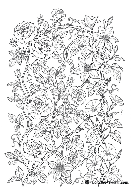 Line art of roses, clematis, and morning glories climbing a decorative garden trellis.