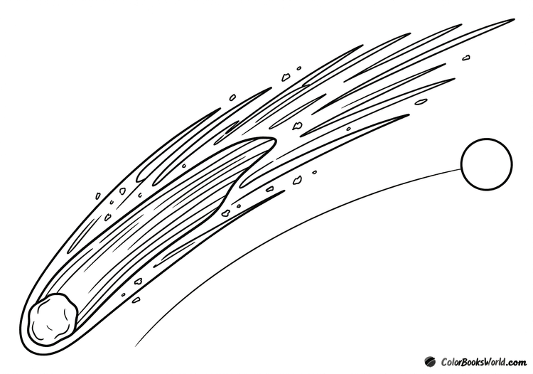 A comet with two long tails flies past a small planet in outer space.