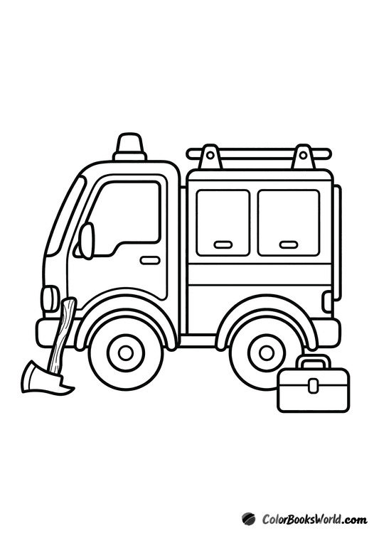 Side view of a compact city fire truck with a fire axe and a toolbox beside it.