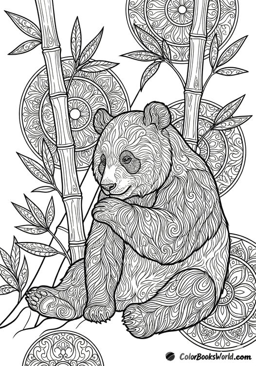 A detailed panda sitting among bamboo stalks with circular zen mandala patterns in the background.