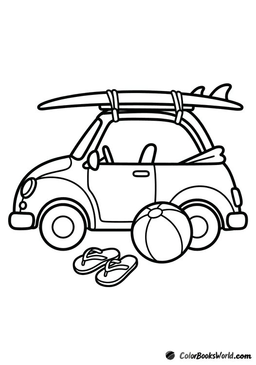 Cartoon convertible in side view with a surfboard on the roof, plus a beach ball and flip-flops.