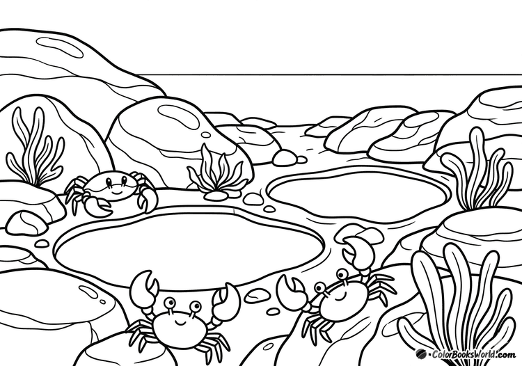 Three friendly crabs on a rocky shore beside tide pools, with seaweed nearby.