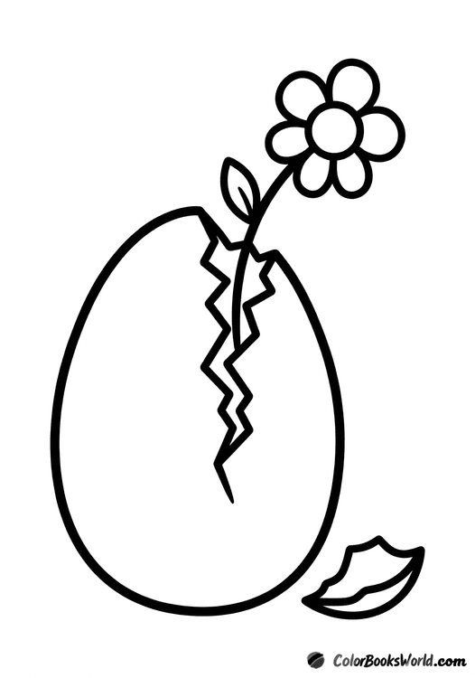 A cracked Easter egg shell with a small flower and leaf sprouting from inside, with a tiny shell piece nearby.