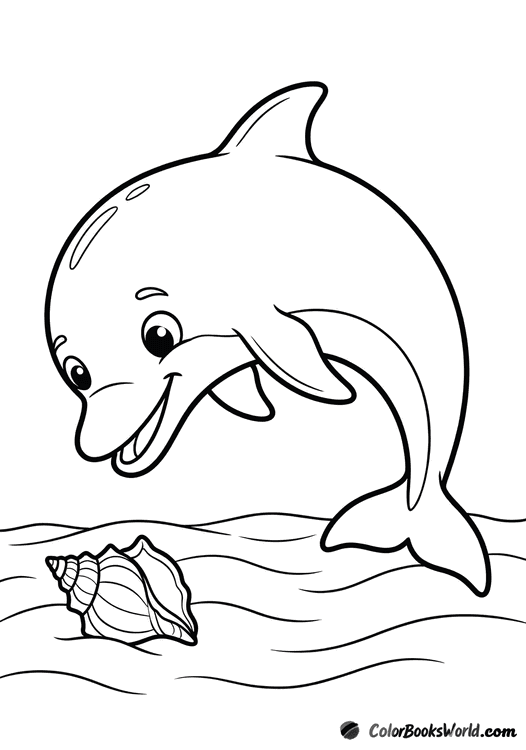 A cartoon dolphin examines a seashell on the sandy seabed with gentle sand ripples.