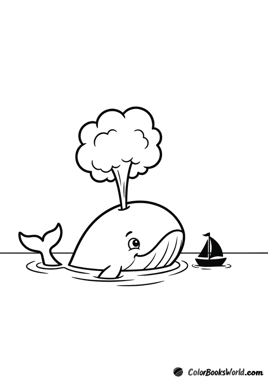 A friendly whale lifts its head from the water beside a small sailboat, spouting a little spray.