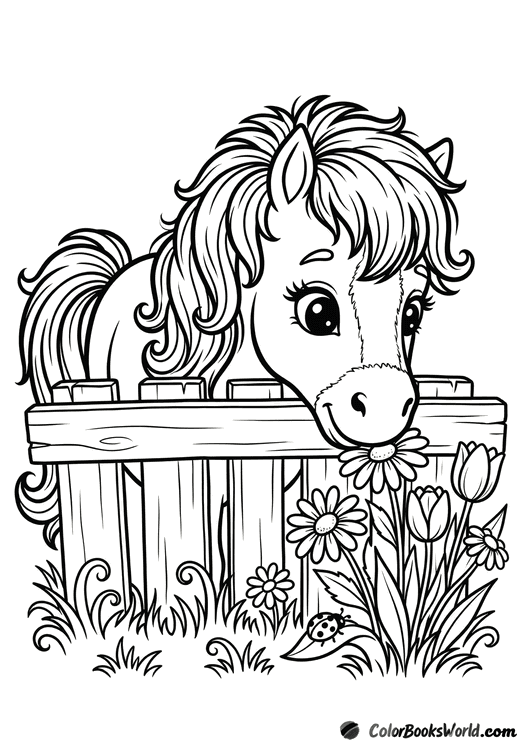 A fluffy pony peeks over a wooden fence beside daisies and tulips, with a tiny ladybug.