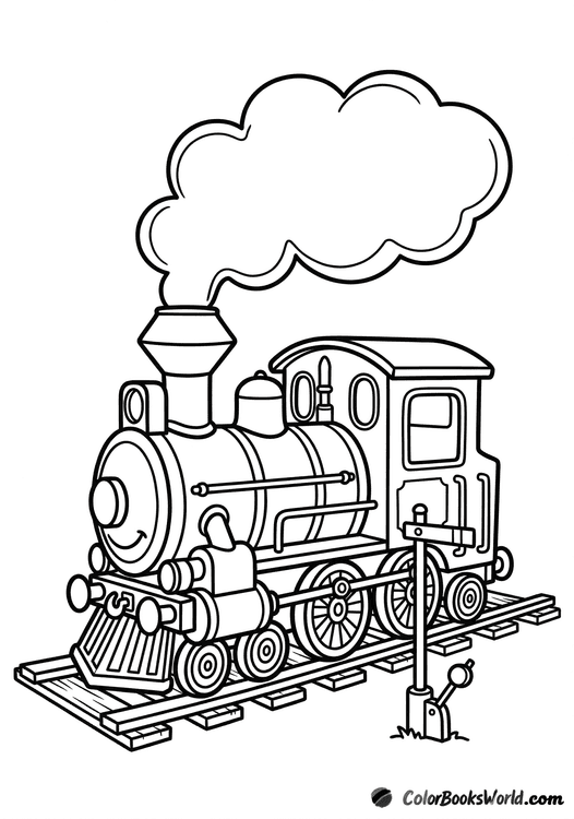 Cartoon steam locomotive puffing a small cloud on tracks beside a signal post.
