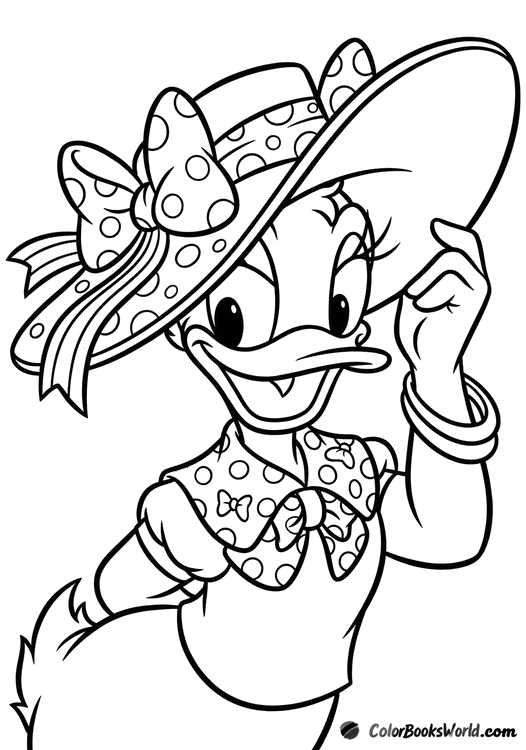 Close-up of Daisy Duck holding a large hat decorated with bows and polka dots.