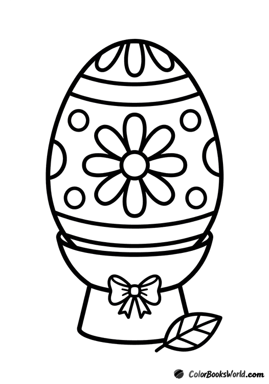 A decorated Easter egg with stripes, dots, and a flower on a stand with a bow.
