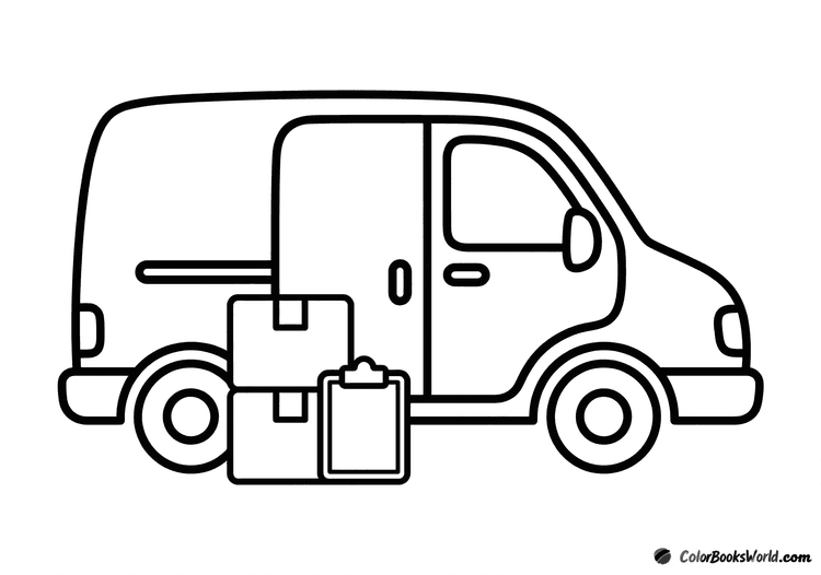 Simple cartoon delivery van in side view with a parcel box and a clipboard beside it.