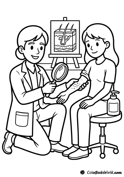 A dermatologist uses a magnifying glass to examine a patient's arm next to a skin layer model and lotion.