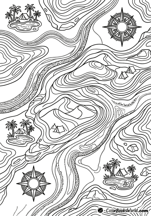 Intricate line art of a desert map featuring sandy dunes, palm tree oases, and dotted caravan routes.