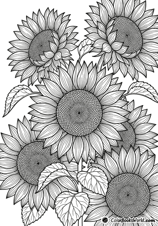 Detailed line drawing of a cluster of sunflower heads with layered petals and seed patterns.