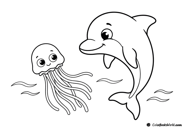 A cartoon dolphin looks curiously at a small jellyfish drifting nearby underwater.