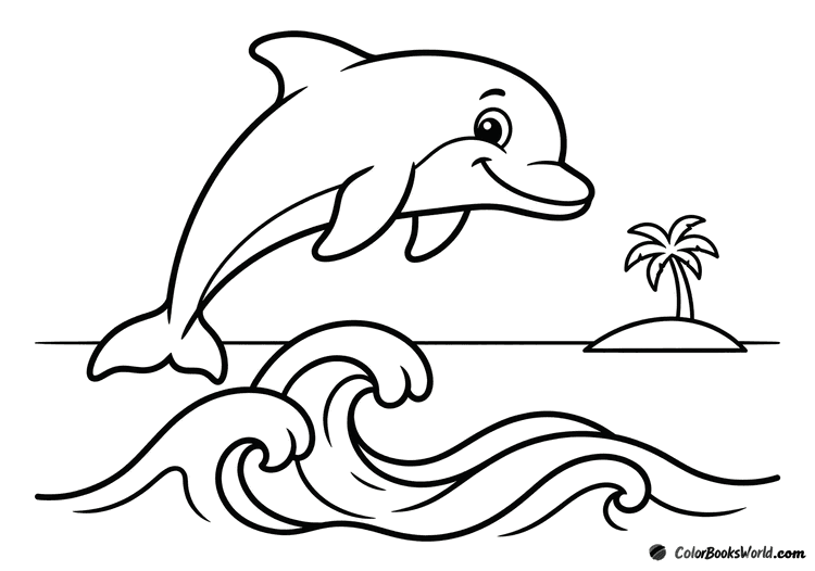 A cartoon dolphin jumps above the water with a small tropical island and palm tree in the background.