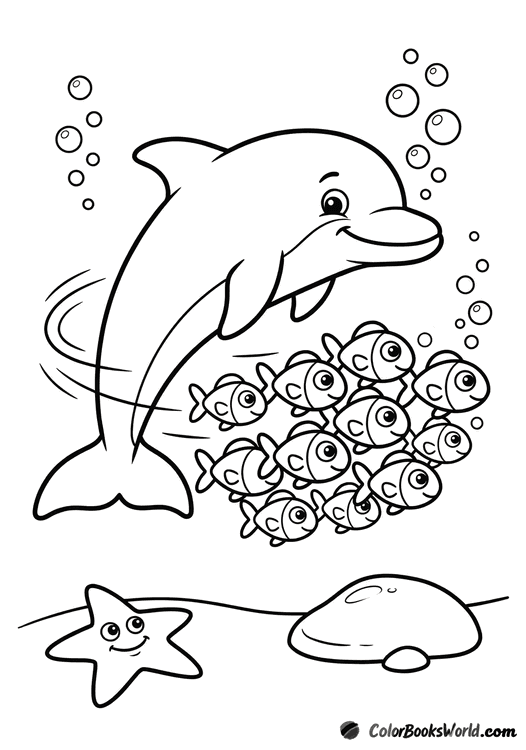 A cartoon dolphin swims with a school of small fish above the seabed, with a starfish, rock, and bubbles.
